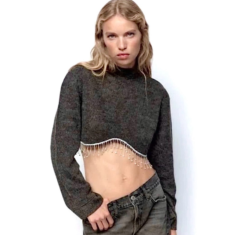 Zara grey cropped rhinestone fringed sweater
